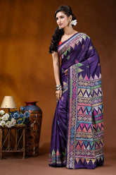Handmade royal purple silk kantha saree with multithread geometric design richly embroidered purple saree intricate 3