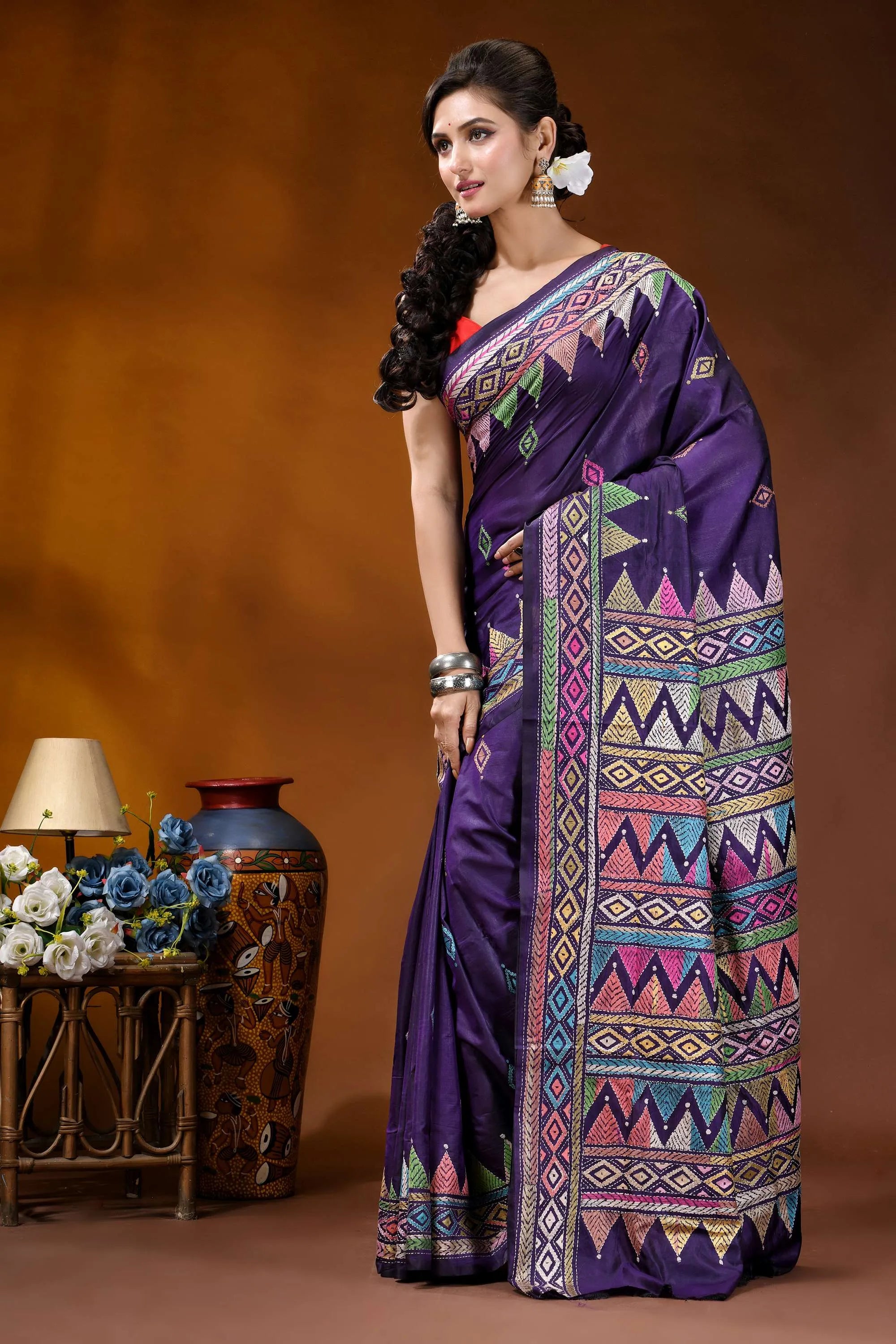 Handmade royal purple silk kantha saree with multithread geometric design richly embroidered purple saree intricate 3