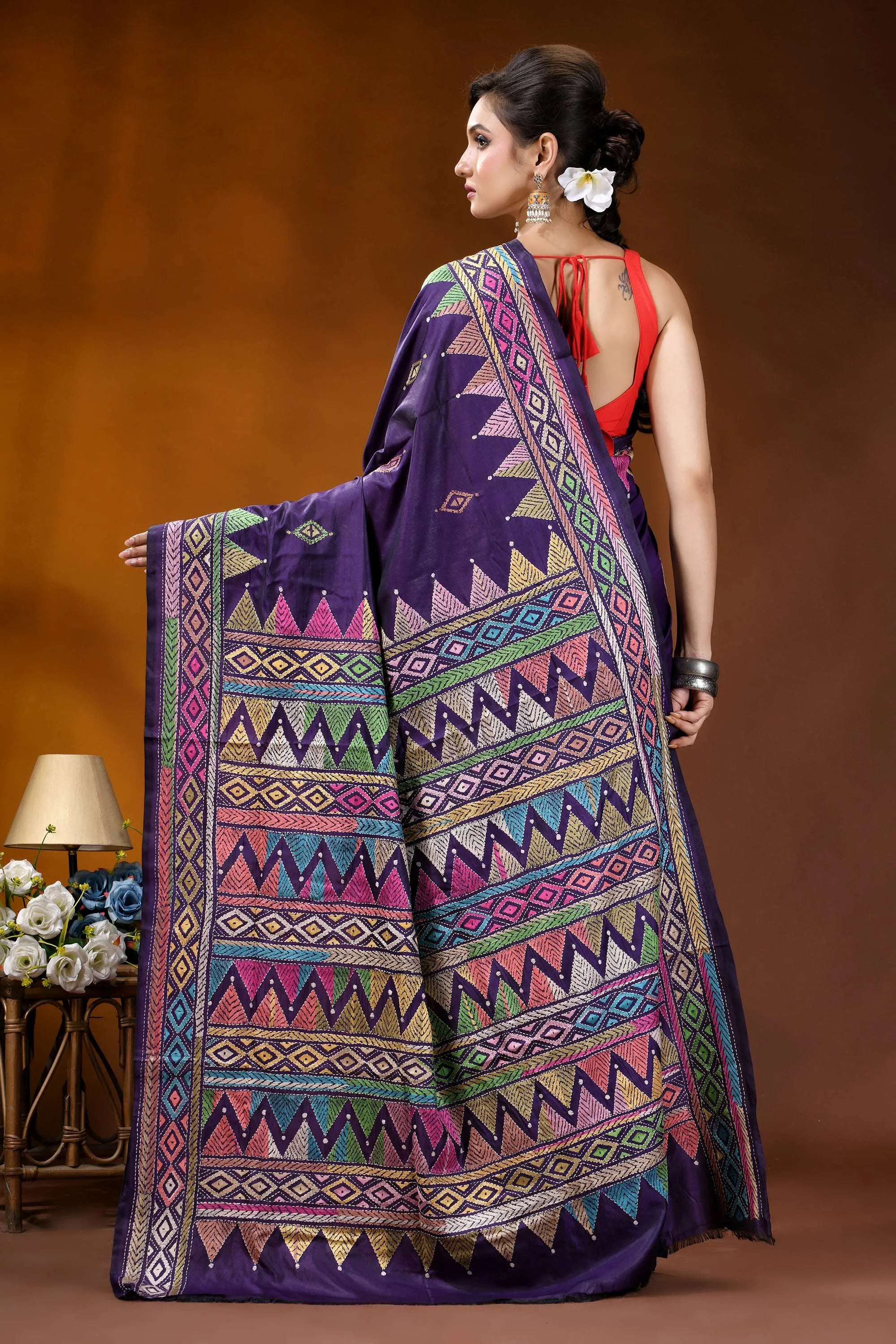Handmade royal purple silk kantha saree with multithread geometric design vibrant purple saree intricate geometric 6