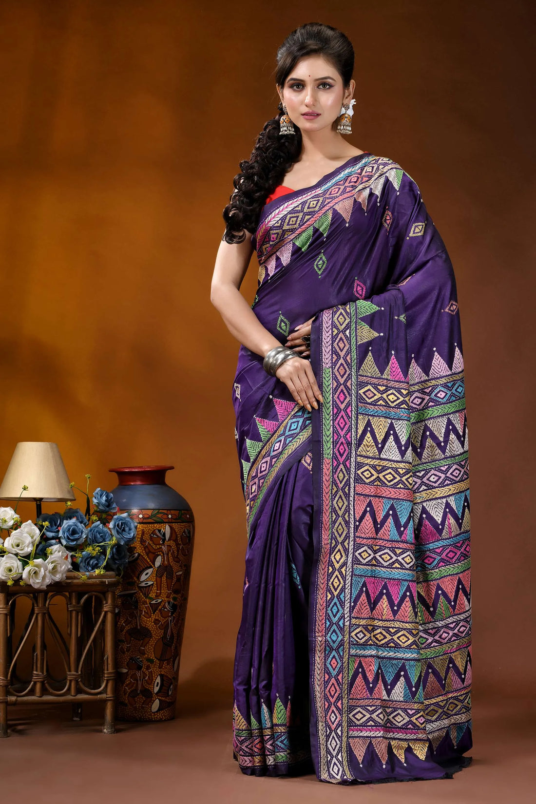 Handmade royal purple silk kantha saree with multithread geometric design purple silk saree intricate geometric 1