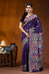 Handmade royal purple silk kantha saree with multithread geometric design purple silk saree intricate geometric 1