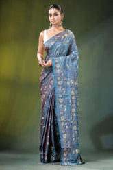 Handmade slate blue nature theme kantha work silk saree woman wears intricate 1