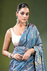 Handmade slate blue nature theme kantha work silk saree teal gold patterned 2