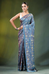Handmade slate blue nature theme kantha work silk saree woman wears purple floral-patterned 6