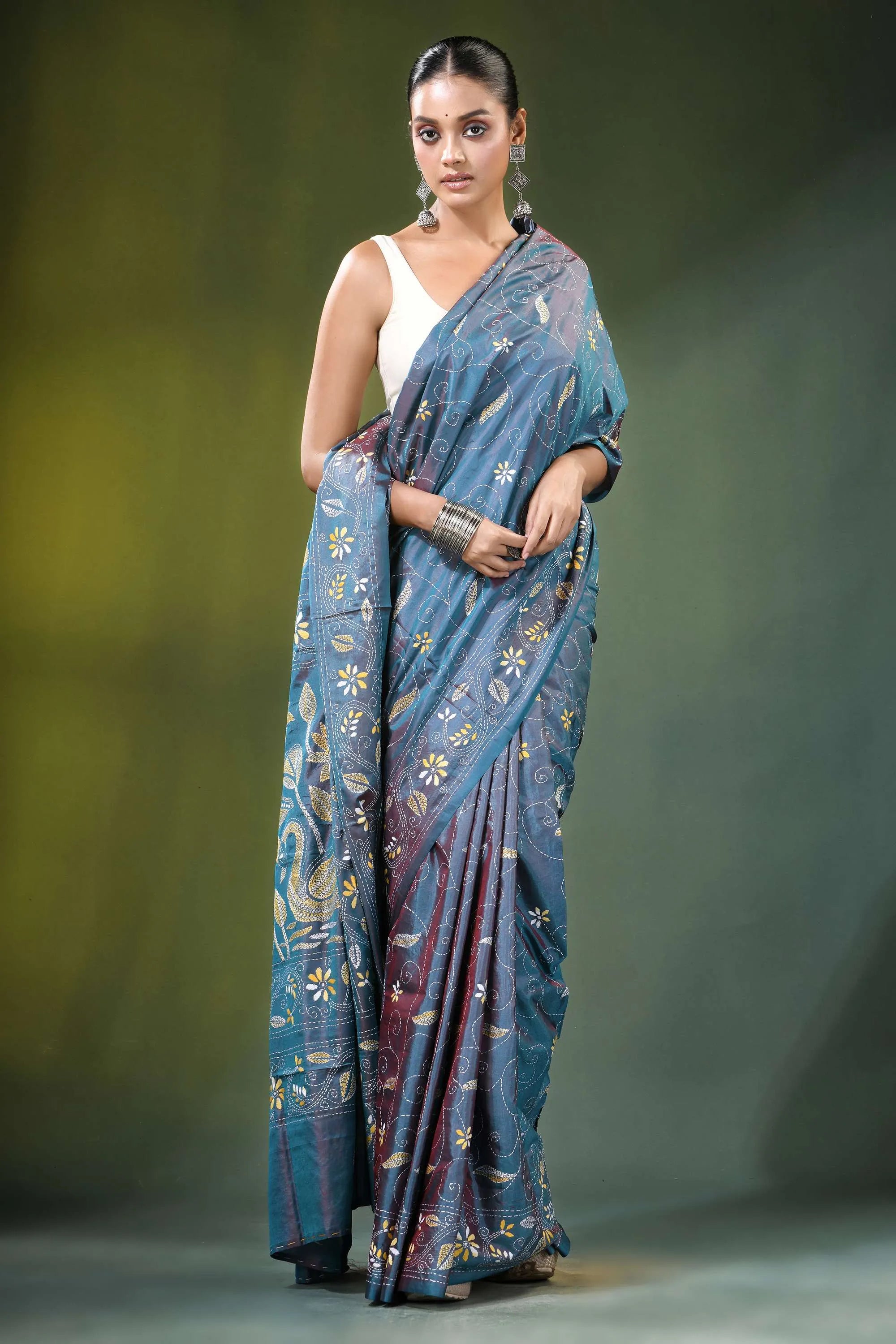 Handmade slate blue nature theme kantha work silk saree woman wears maroon 5