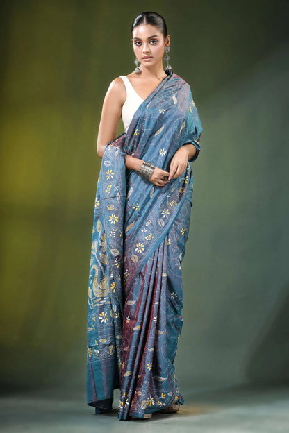 Handmade slate blue nature theme kantha work silk saree woman wears maroon 5