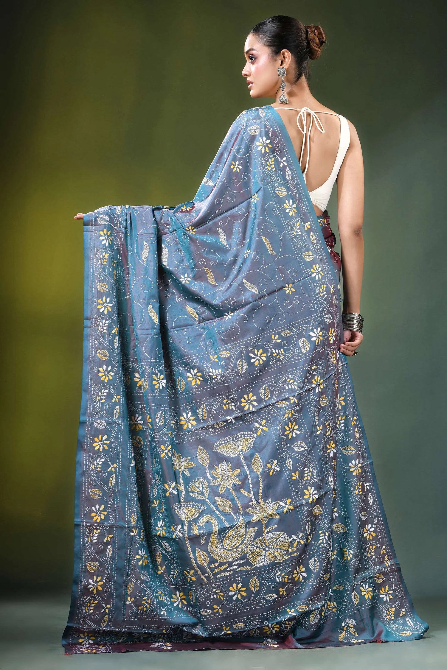 Handmade slate blue nature theme kantha work silk saree intricate gold white 4