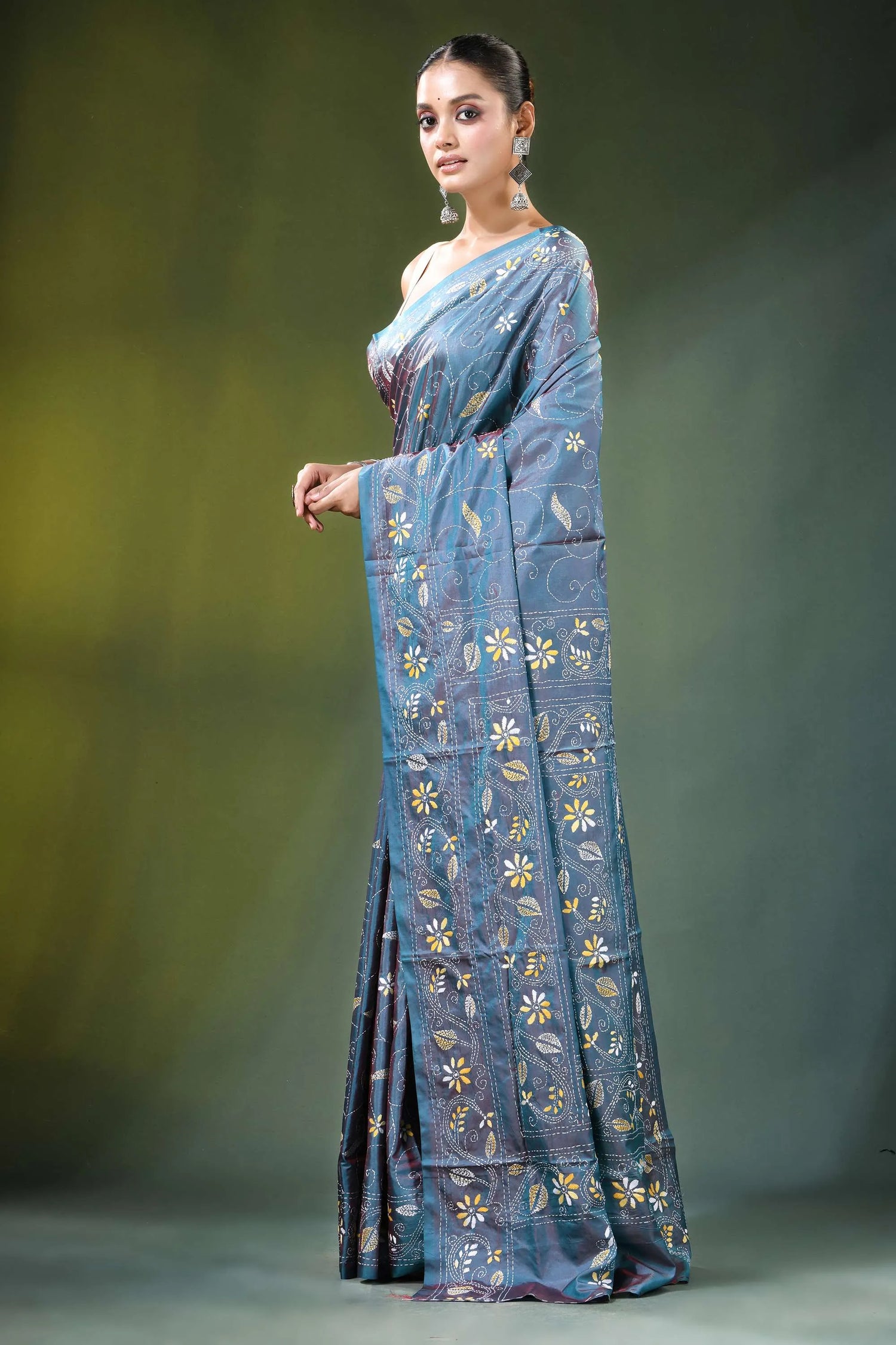 Handmade slate blue nature theme kantha work silk saree woman wears 3
