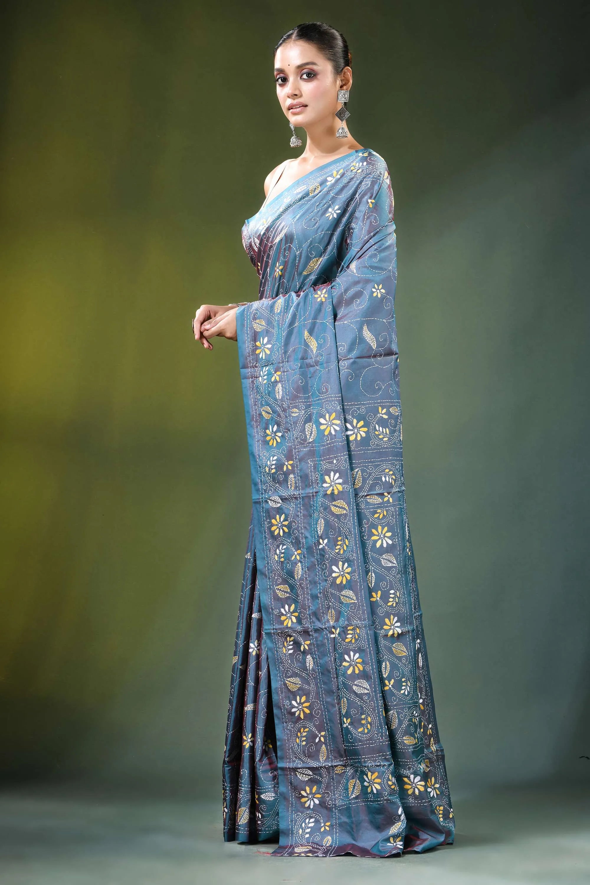 Handmade slate blue nature theme kantha work silk saree woman wears 3