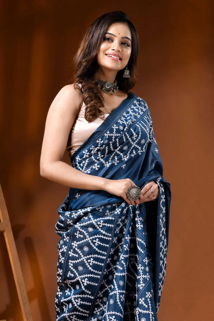 Handmade slate blue silk gujarati stitch saree with ethnic design 2