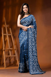 Handmade slate blue silk gujarati stitch saree with ethnic design 6