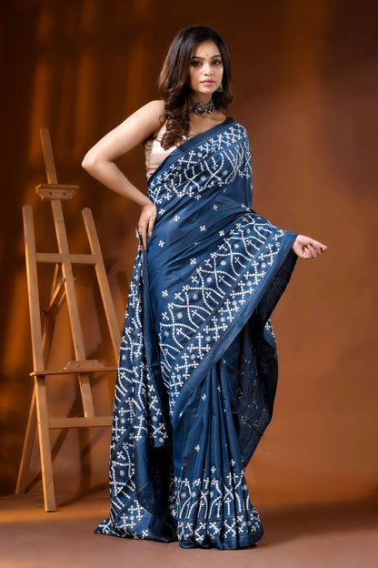 Handmade slate blue silk gujarati stitch saree with ethnic design 4