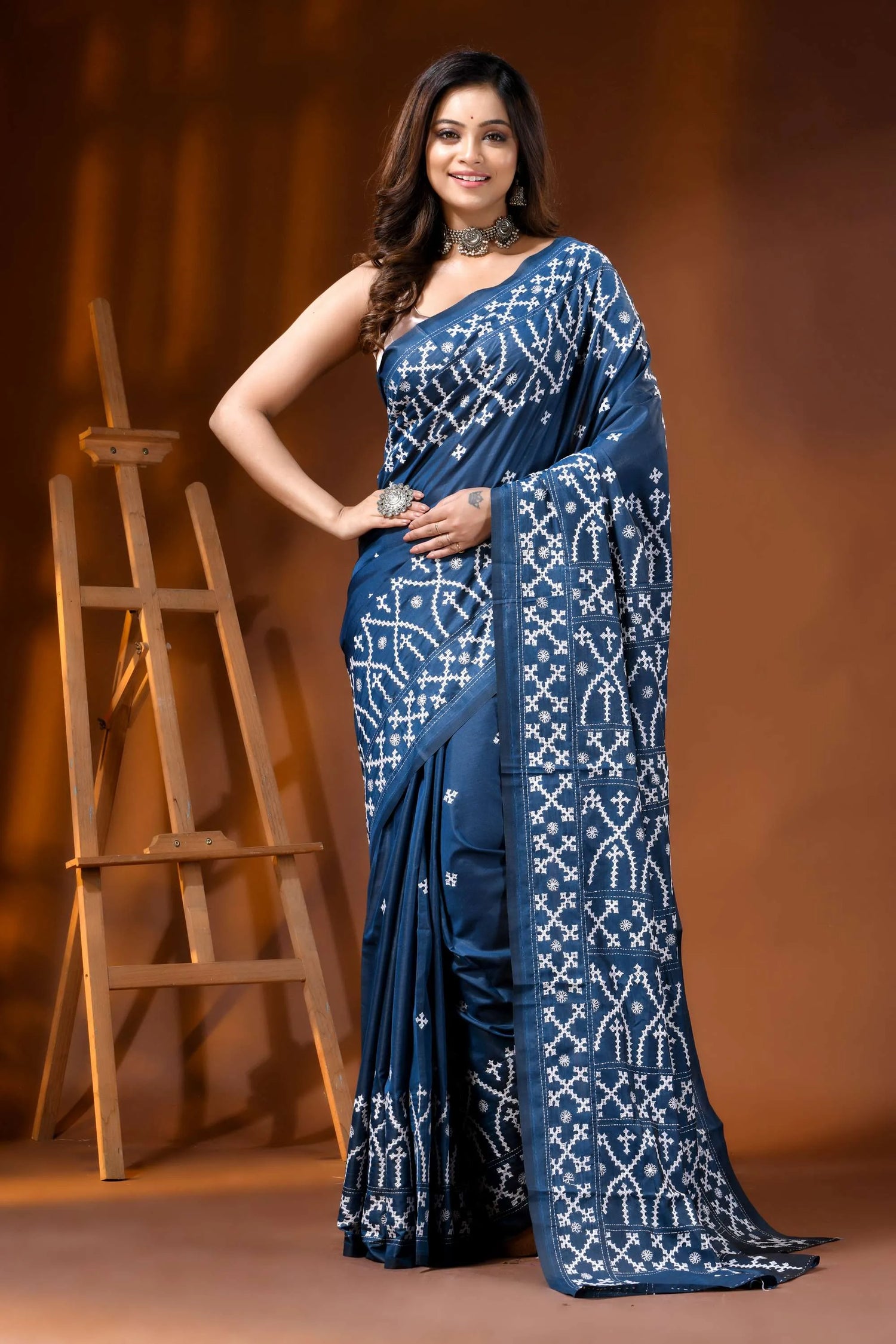 Handmade slate blue silk gujarati stitch saree with ethnic design 1