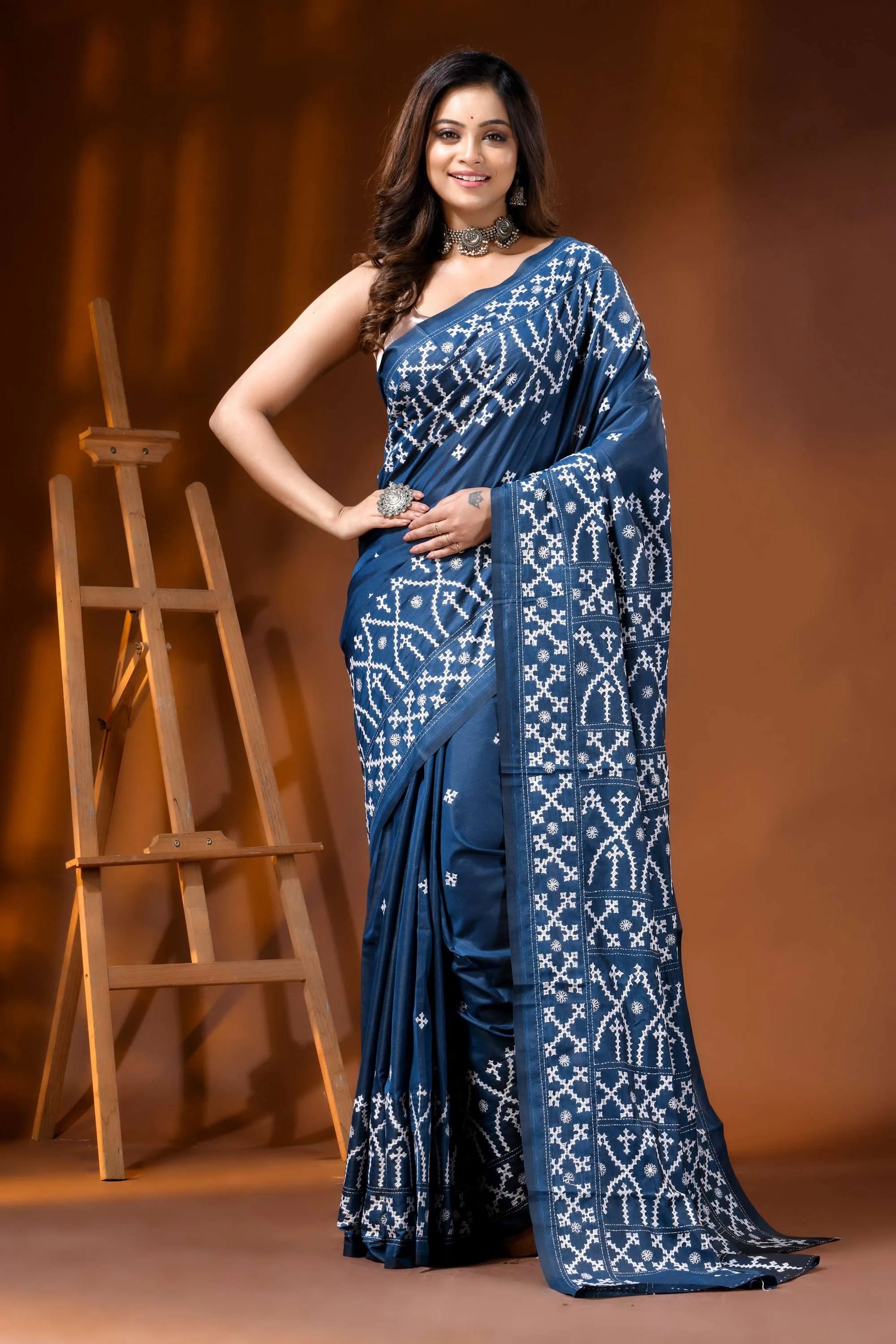 Handmade slate blue silk gujarati stitch saree with ethnic design 1