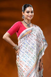 Handmade white silk kantha work saree with multicolor floral design 2