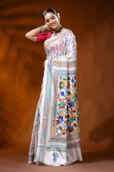 Handmade white silk kantha work saree with multicolor floral design 3
