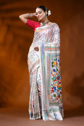 Handmade white silk kantha work saree with multicolor floral design 6
