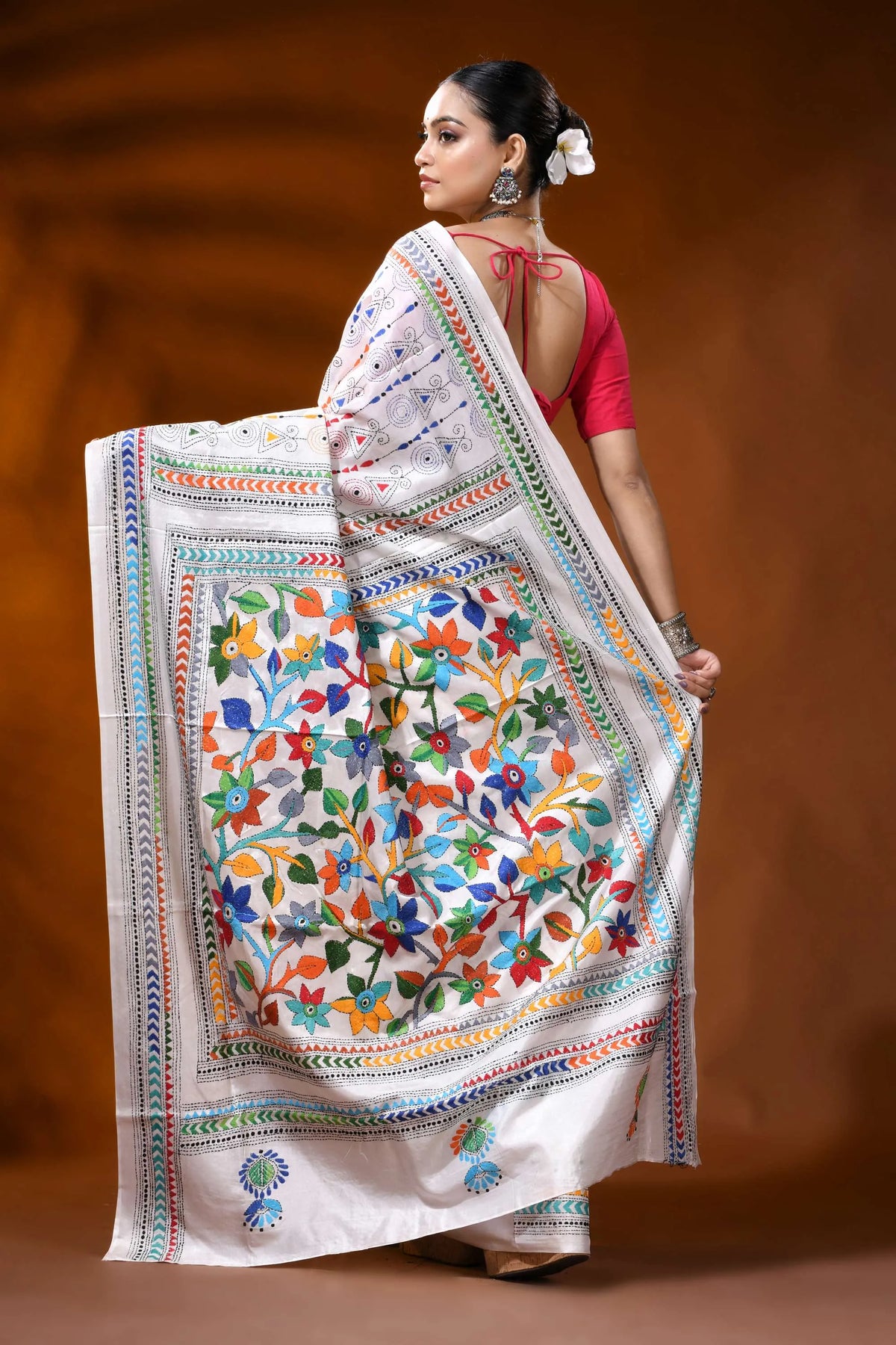 Handmade white silk kantha work saree with multicolor floral design 5