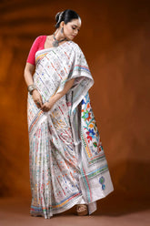 Handmade white silk kantha work saree with multicolor floral design 4