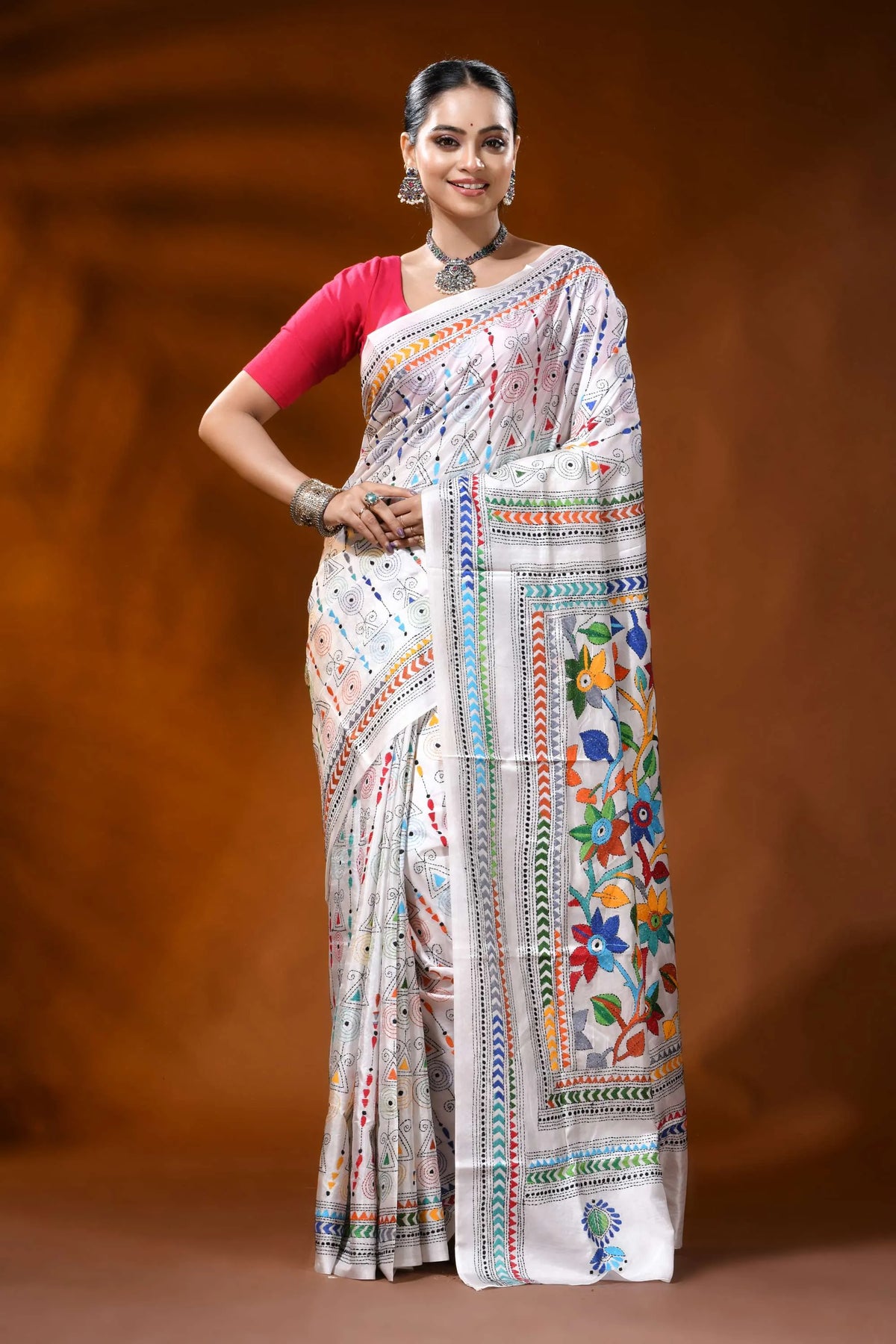 Handmade white silk kantha work saree with multicolor floral design 1