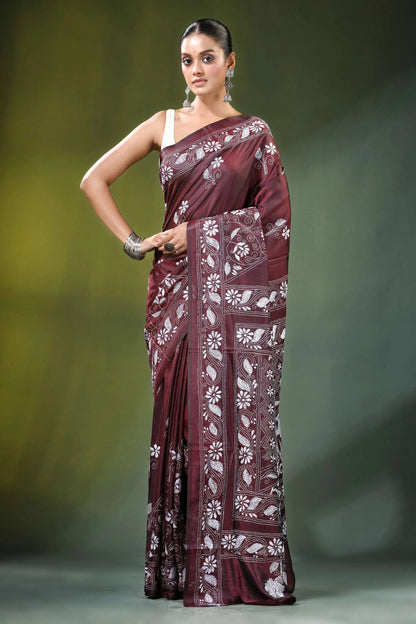 Handmade wine floral design kantha embroidery silk saree maroon intricate white 6