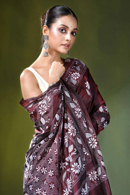 Handmade wine floral design kantha embroidery silk saree maroon intricate white 2
