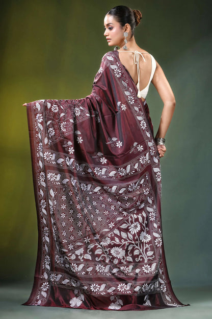 Handmade wine floral design kantha embroidery silk saree maroon intricate white 4