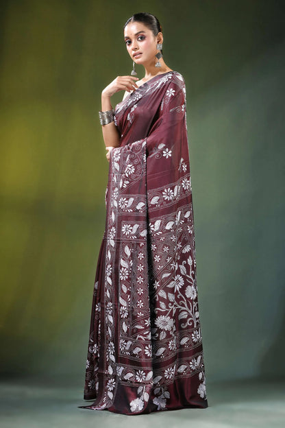 Handmade wine floral design kantha embroidery silk saree maroon adorned intricate 3