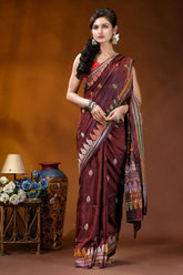 Handmade wine silk kantha stitch saree with multicolor ethnic design maroon silk saree intricate gold 4