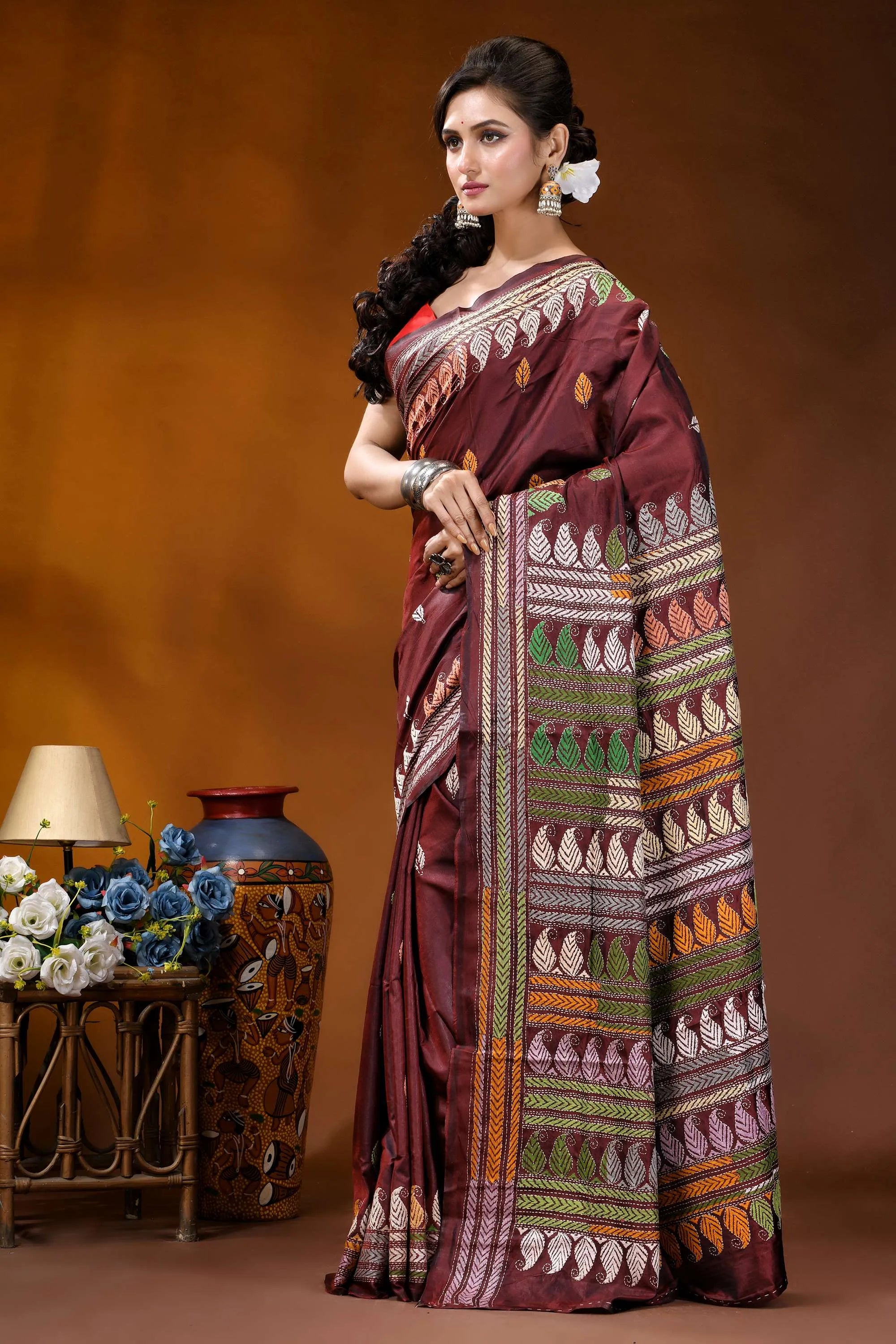 Handmade wine silk kantha stitch saree with multicolor ethnic design maroon silk saree intricate multicolored 3