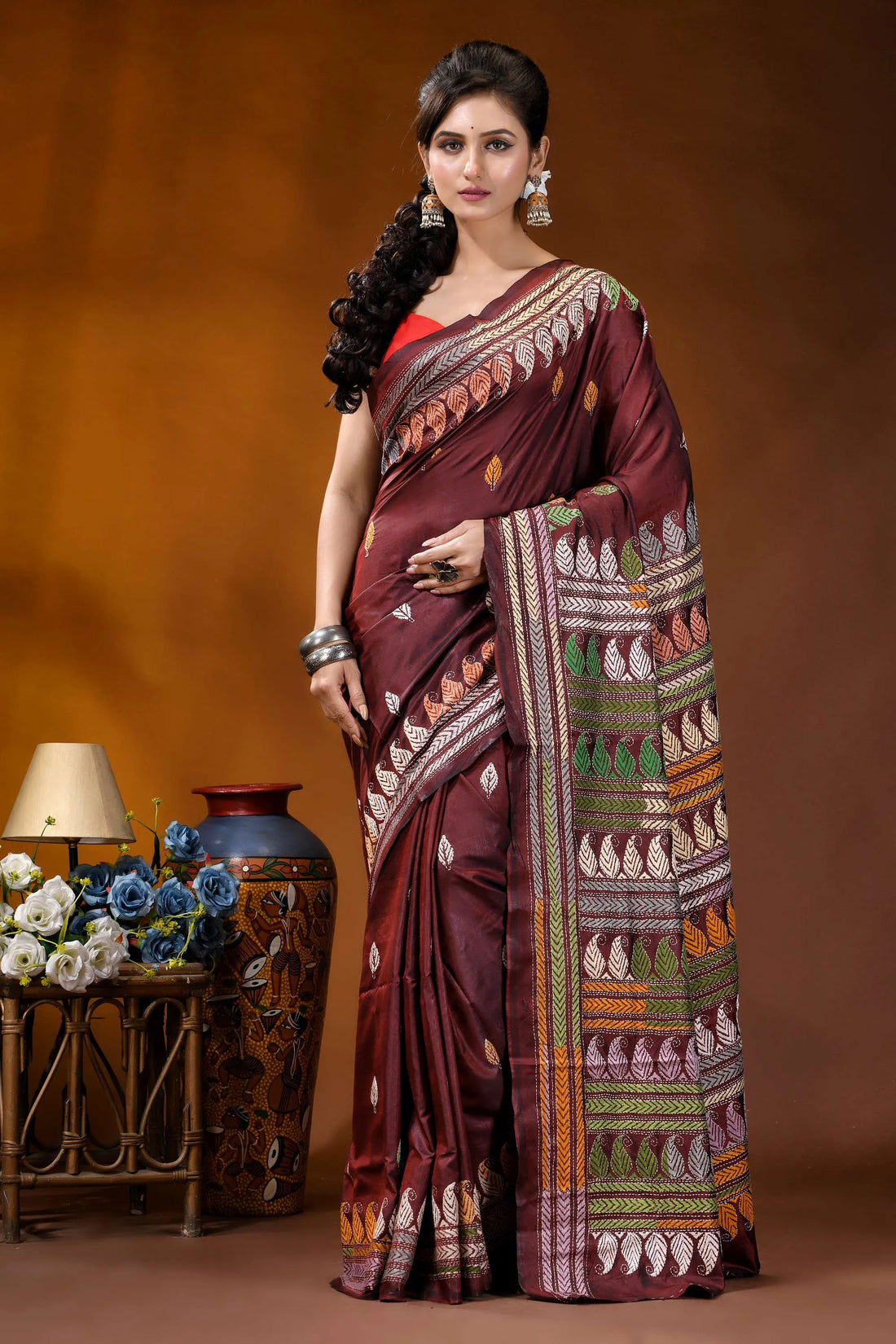 Handmade wine silk kantha stitch saree with multicolor ethnic design maroon silk saree intricate multicolored 1