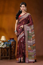 Handmade wine silk kantha stitch saree with multicolor ethnic design maroon silk saree intricate multicolored 1