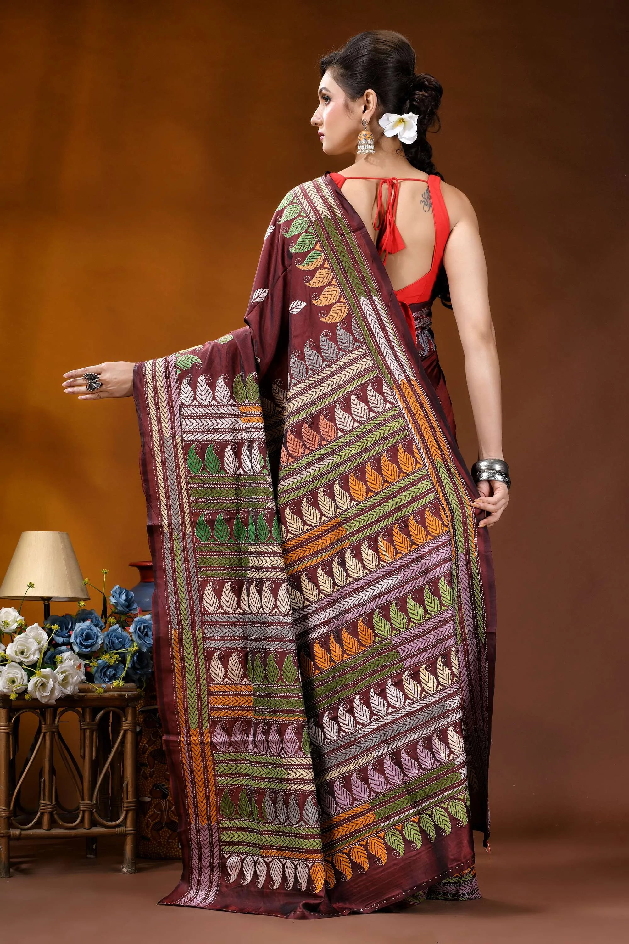 Handmade wine silk kantha stitch saree with multicolor ethnic design maroon silk saree intricate multicolored 5
