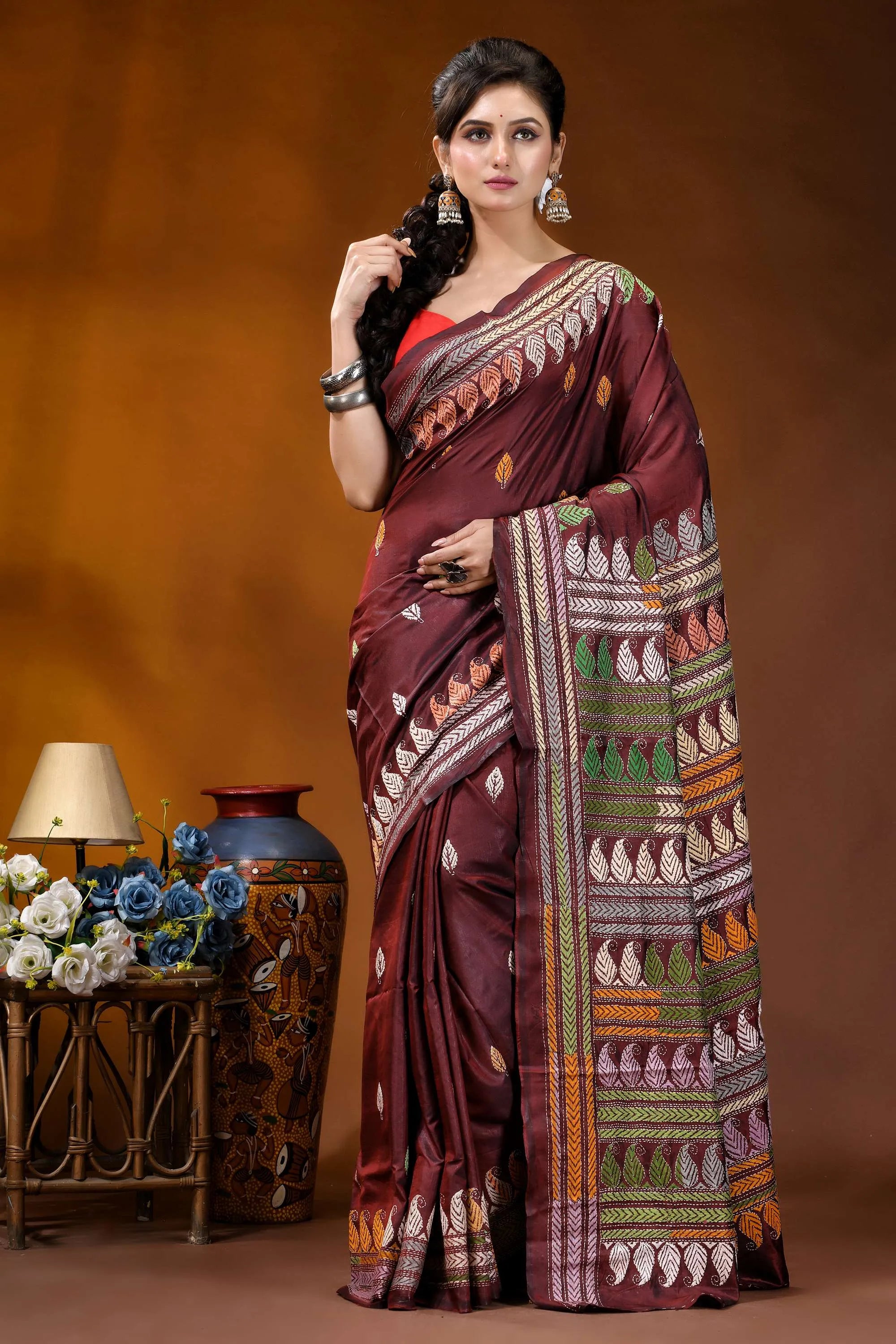 Handmade wine silk kantha stitch saree with multicolor ethnic design maroon silk saree intricate multicolored 6