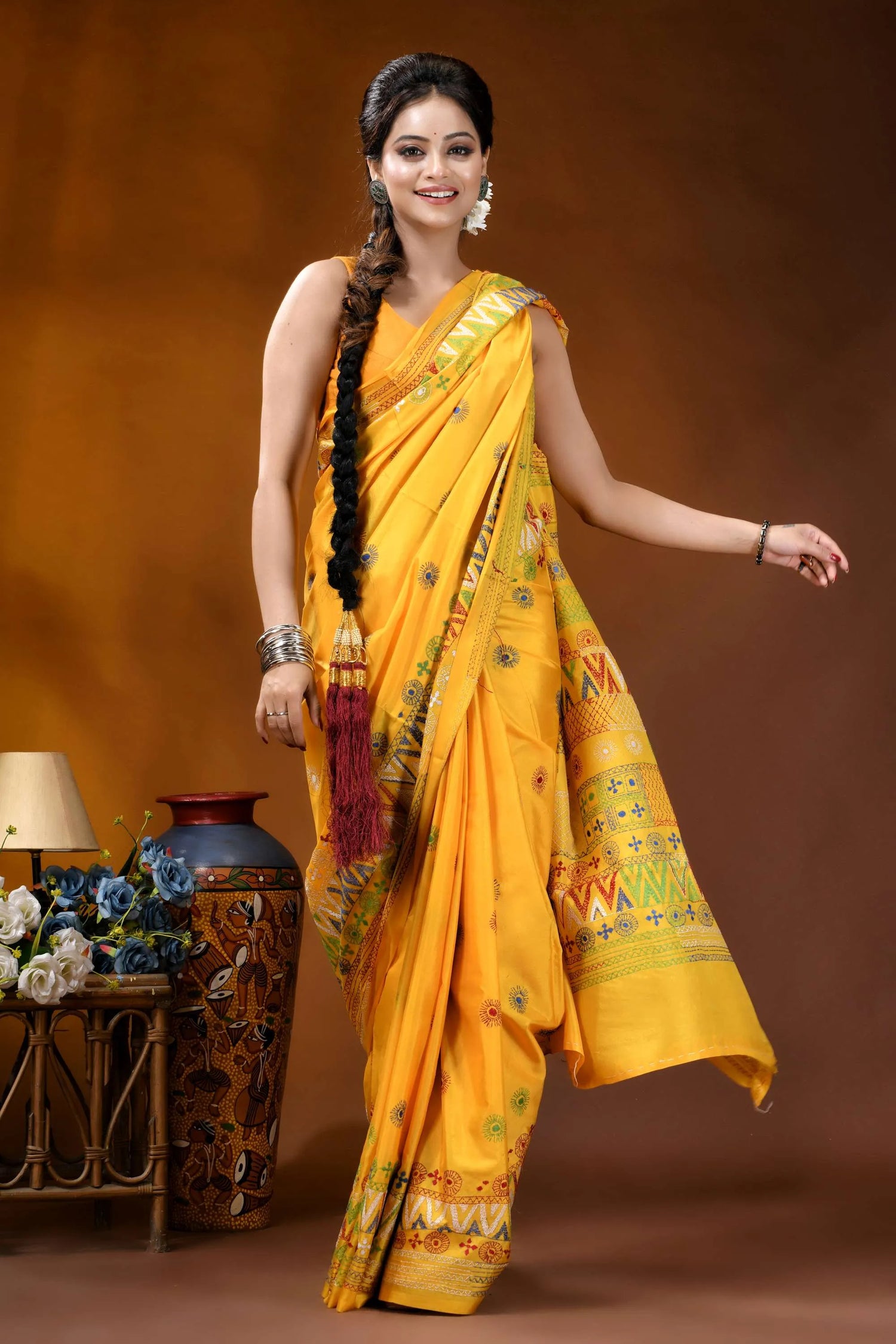 Handmade yellow geometric motif silk lambani embroidery saree vibrant yellow saree intricate green 4