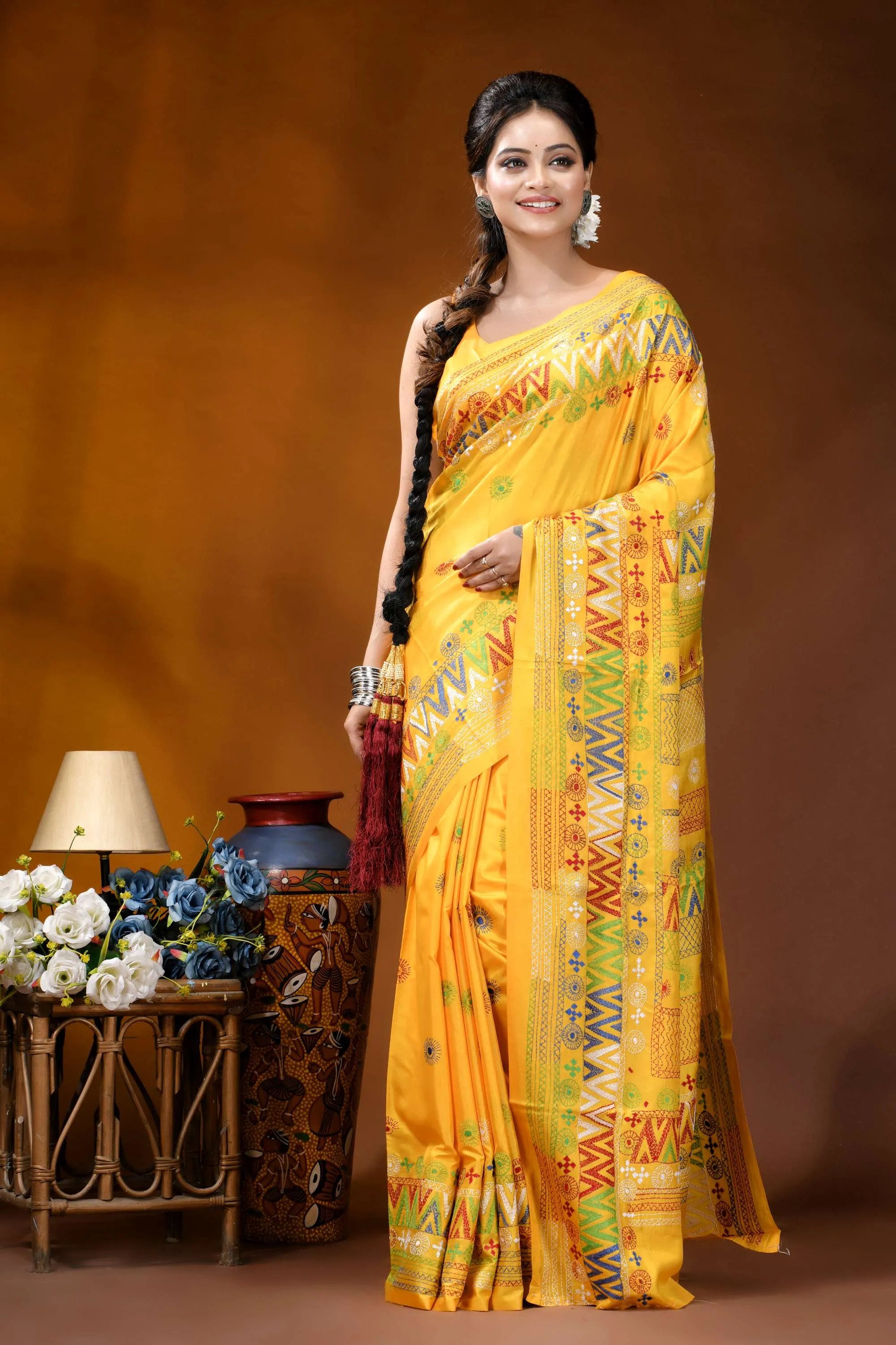 Handmade yellow geometric motif silk lambani embroidery saree vibrant yellow saree adorned intricate 6