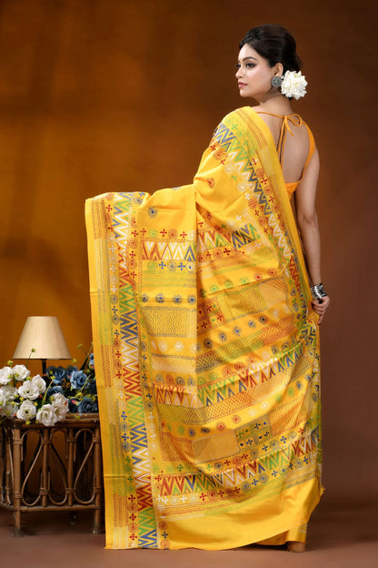 Handmade yellow geometric motif silk lambani embroidery saree vibrant yellow saree intricate geometric 5