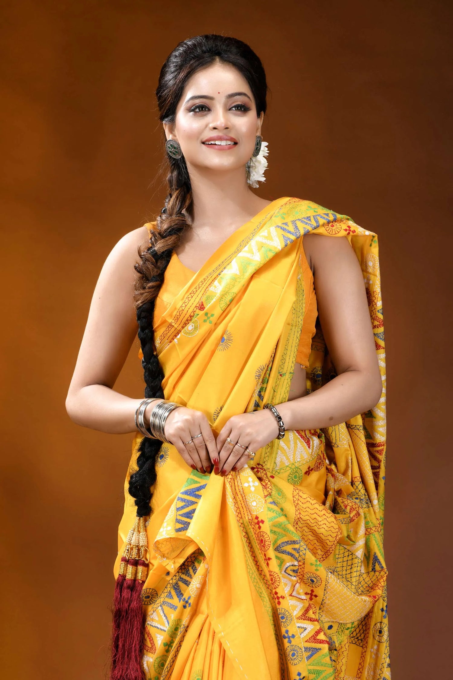 Handmade yellow geometric motif silk lambani embroidery saree vibrant yellow saree intricate geometric 2