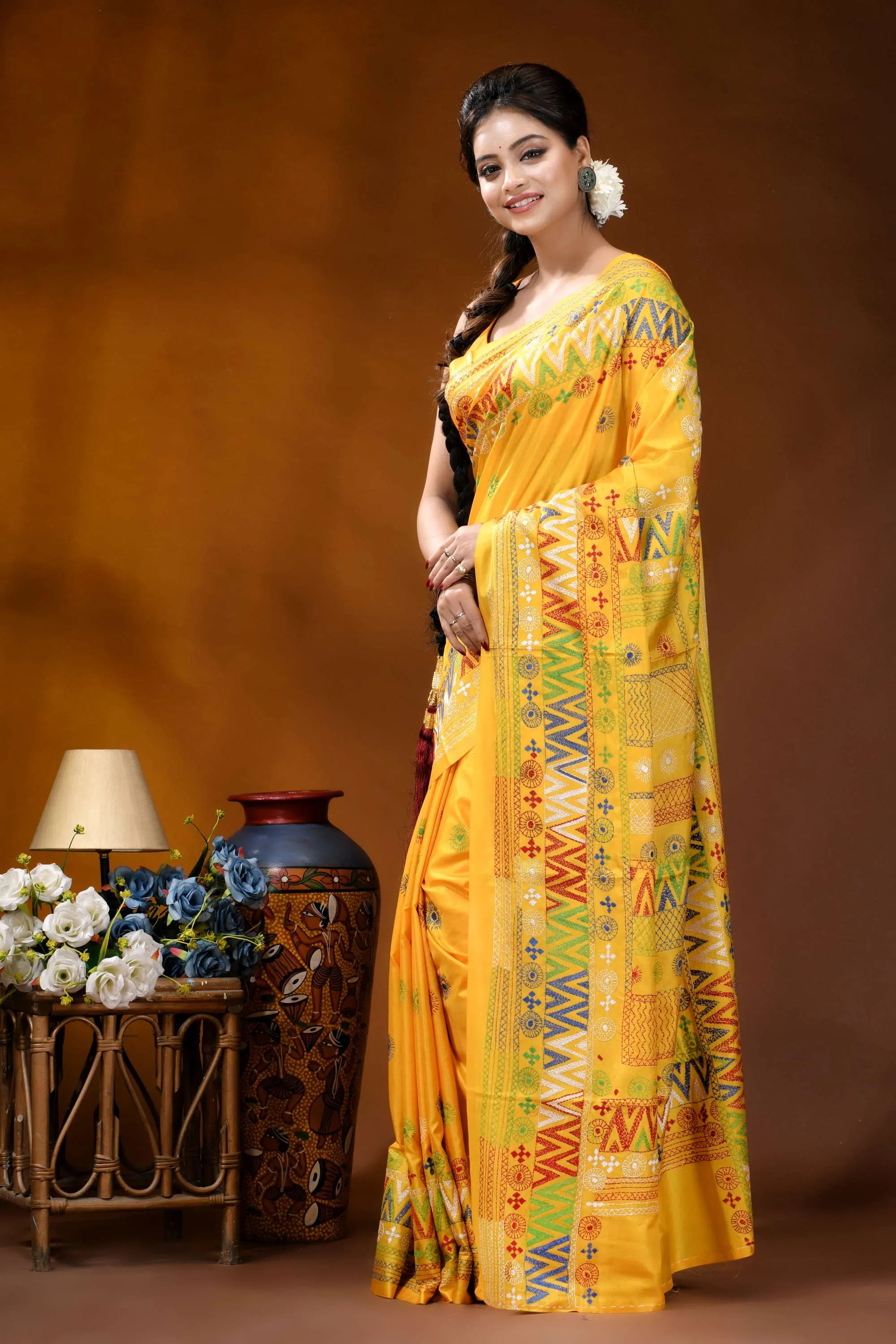 Handmade yellow geometric motif silk lambani embroidery saree vibrant yellow saree adorned intricate 3