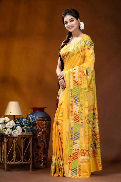 Handmade yellow geometric motif silk lambani embroidery saree vibrant yellow saree adorned intricate 3
