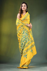 Handmade yellow silk kantha work saree with blue floral vine design vibrant intricate green 5