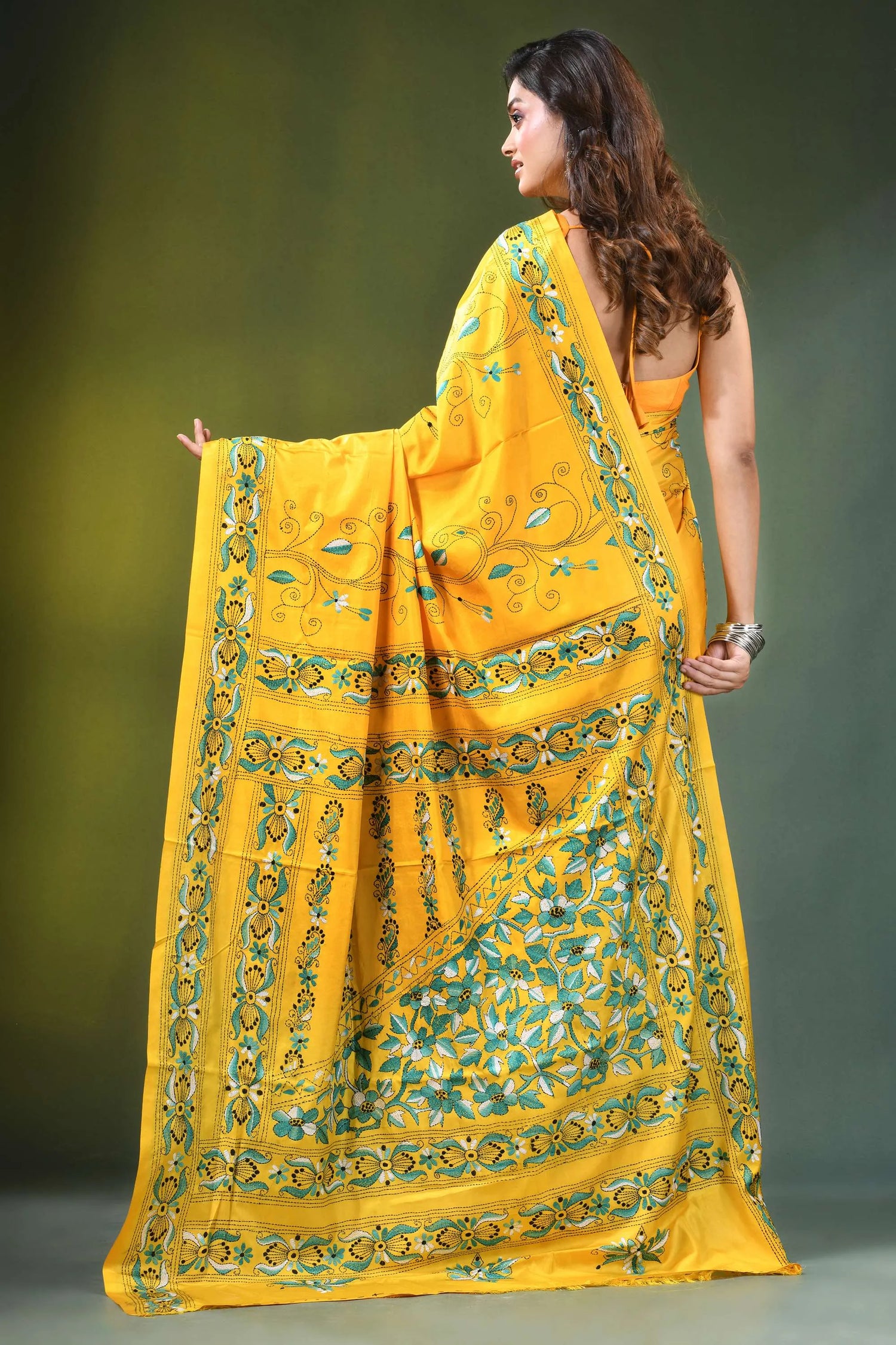 Handmade yellow silk kantha work saree with blue floral vine design vibrant intricate green 4