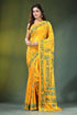 Handmade yellow silk kantha work saree with blue floral vine design vibrant adorned 1
