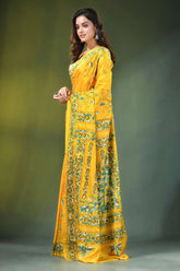 Handmade yellow silk kantha work saree with blue floral vine design vibrant adorned intricate 3