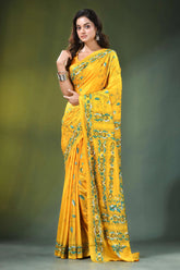 Handmade yellow silk kantha work saree with blue floral vine design vibrant adorned intricate 6