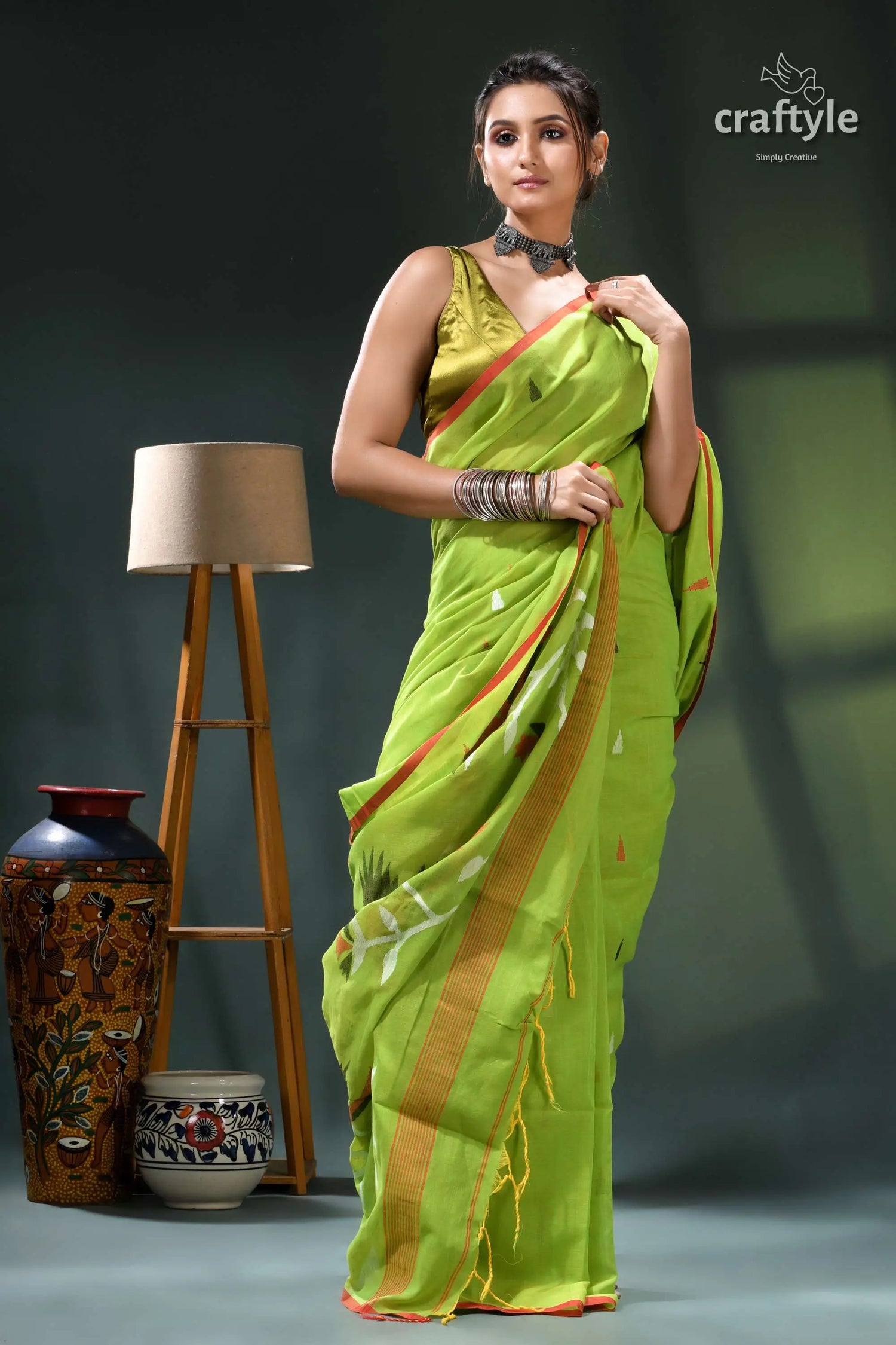 Handwoven design apple green soft cotton jamdani saree lime green saree orange white 4
