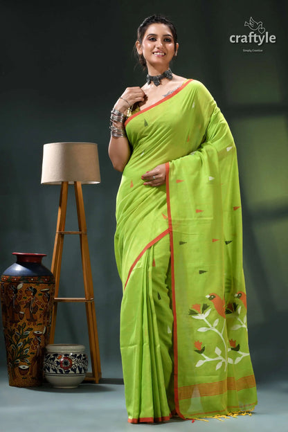 Handwoven design apple green soft cotton jamdani saree lime green saree floral embroidery 6