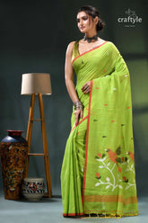 Handwoven design apple green soft cotton jamdani saree lime green saree floral embroidery 3