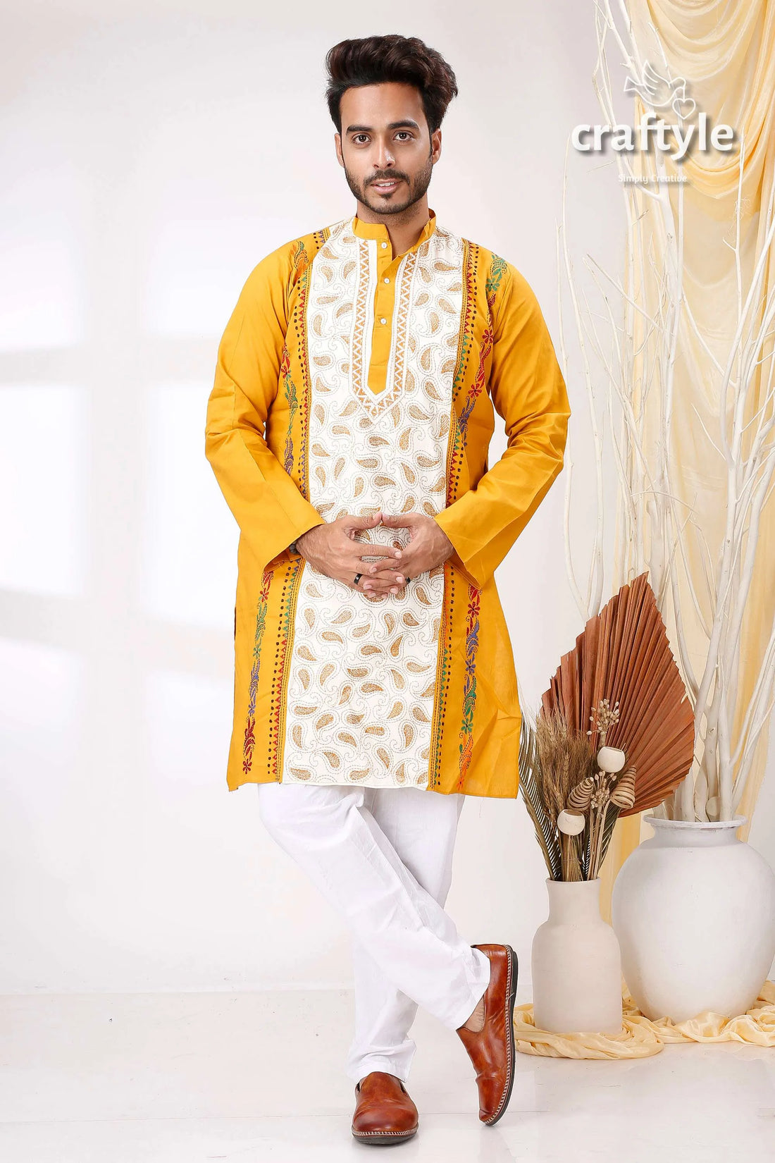 Harvest gold and white kantha work menās cotton kurta man yellow kurta white pants 1