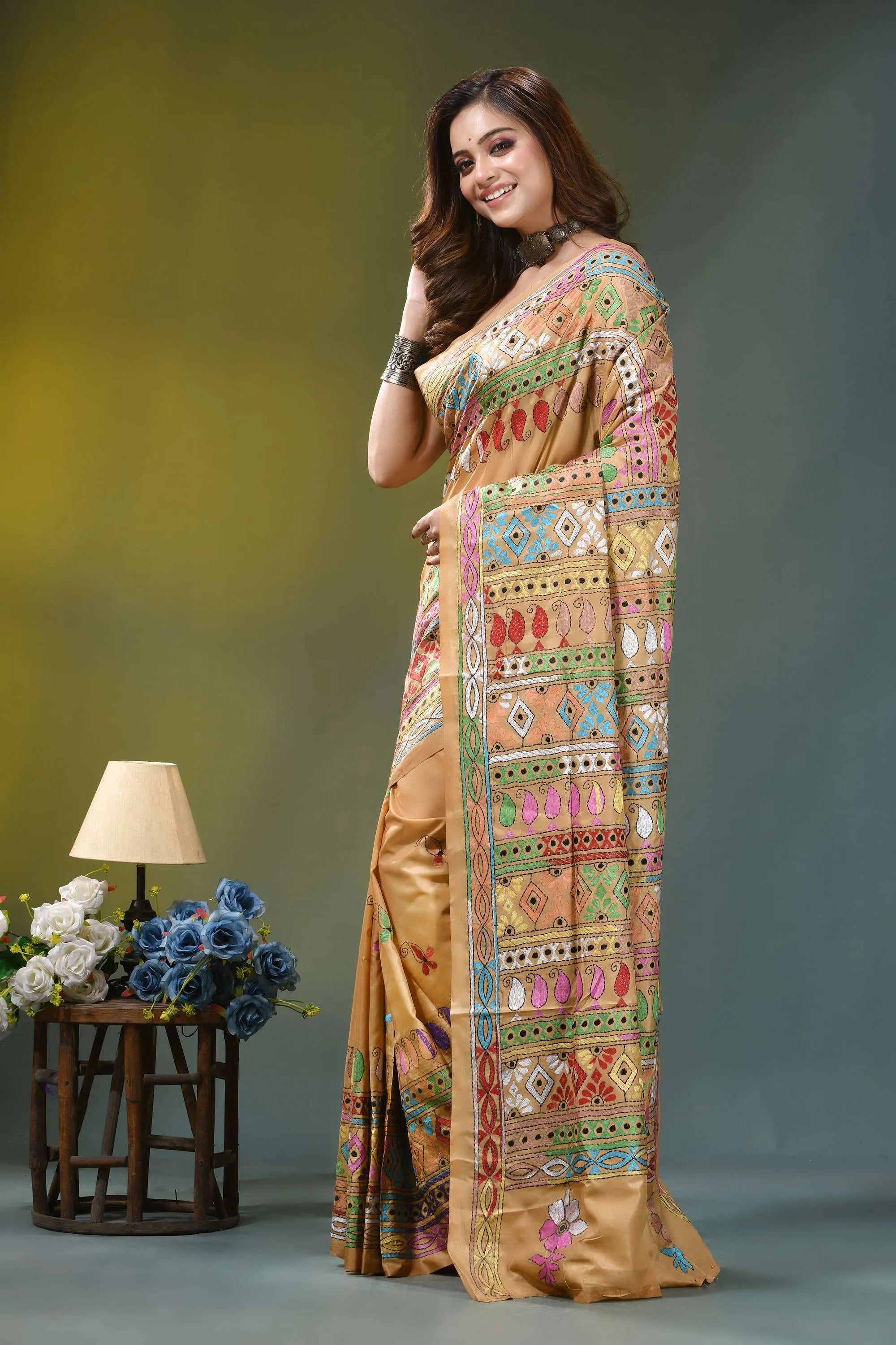 Harvest gold geometric handmade silk kantha saree woman wears golden-brown silk saree 3